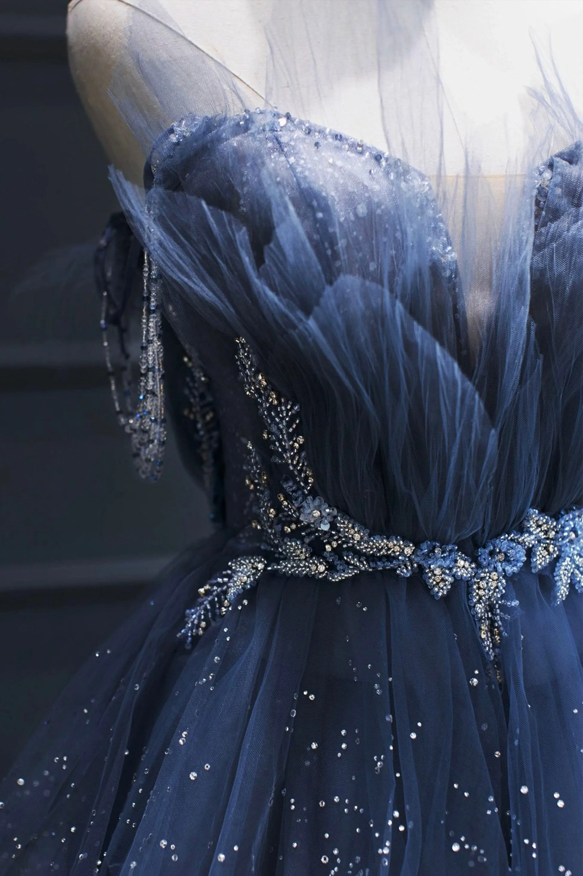Blue Tulle Beaded Long Senior Prom Dress A-Line Blue Formal Dress