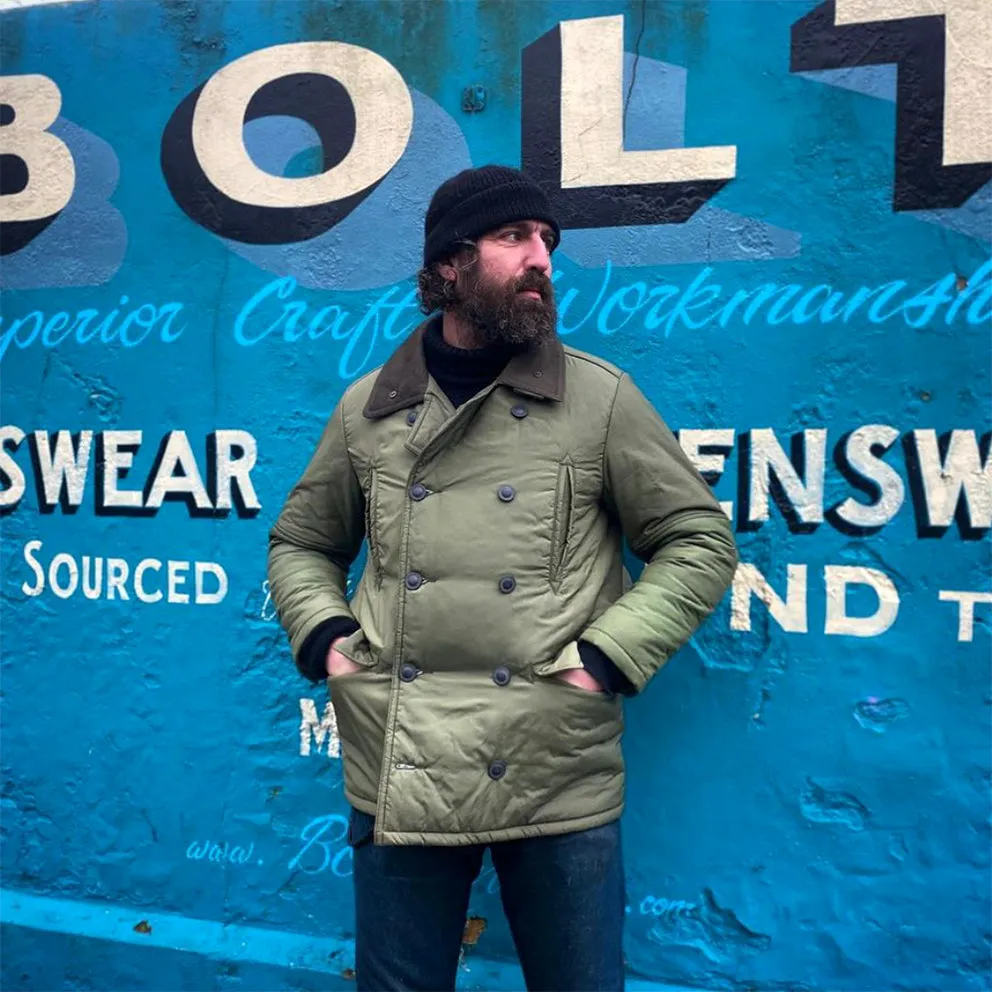 BZEN M.3219-SKULLY REGULAR FIT UPCYCLED CANADIAN ARMY LINERS PEA COAT-ARMY GREEN