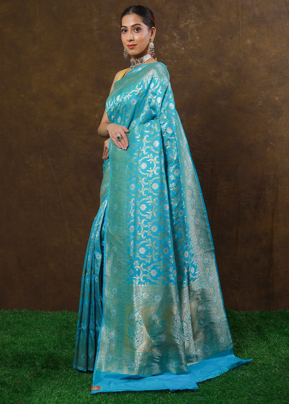 Cerulean Blue Hand Woven Pure Katan Silk Saree