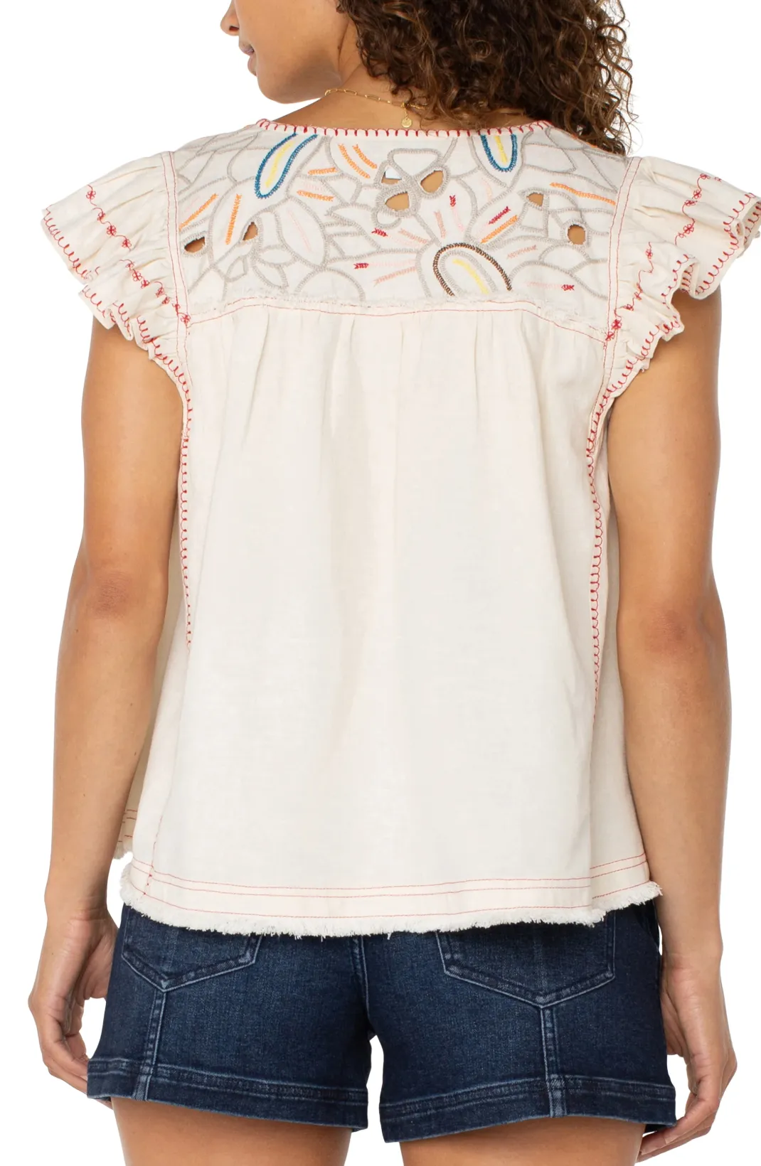 Flutter Sleeve V-neck Blouse Bone with Embroidery