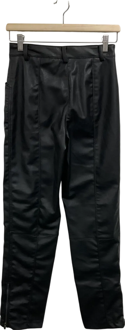 H&M Black Straight Leg Faux Leather Trousers With Zip Hem UK 8