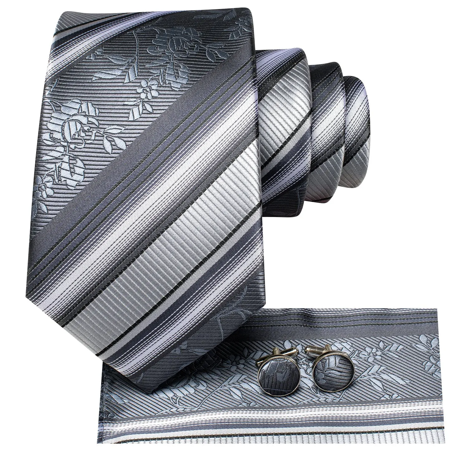 Hi-Tie Grey black Necktie Striped Mens Tie Pocket Square Cufflinks Set