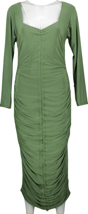 Missguided Green Khaki Long Sleeve Slinky Ruched Midi Dress Bnwt UK 18