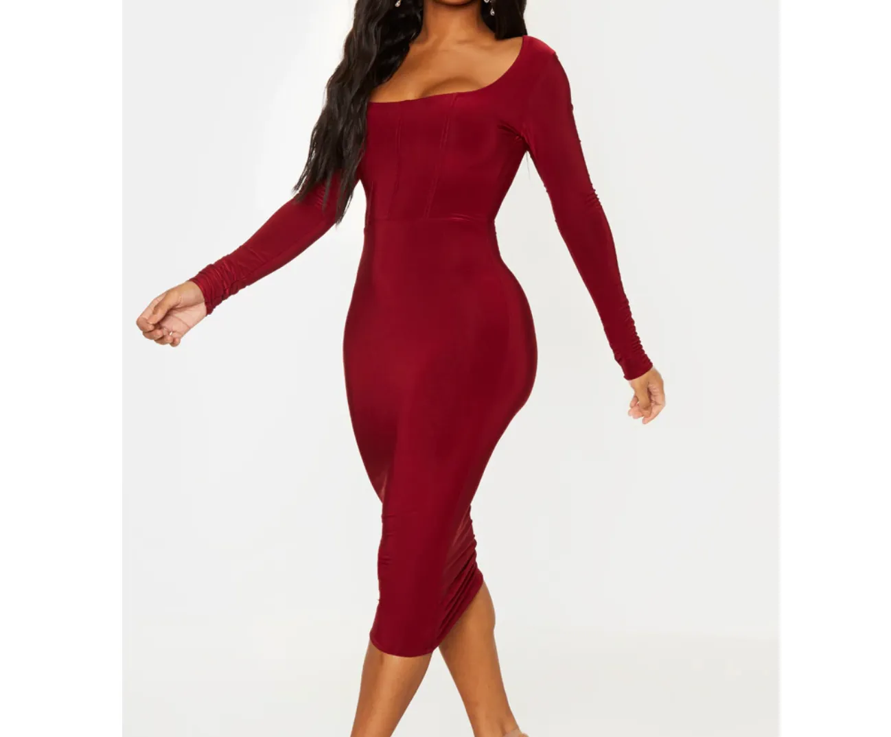 Missguided  Shape Burgundy Slinky Panelled Long Sleeve Midi Dress Bnwt UK 10