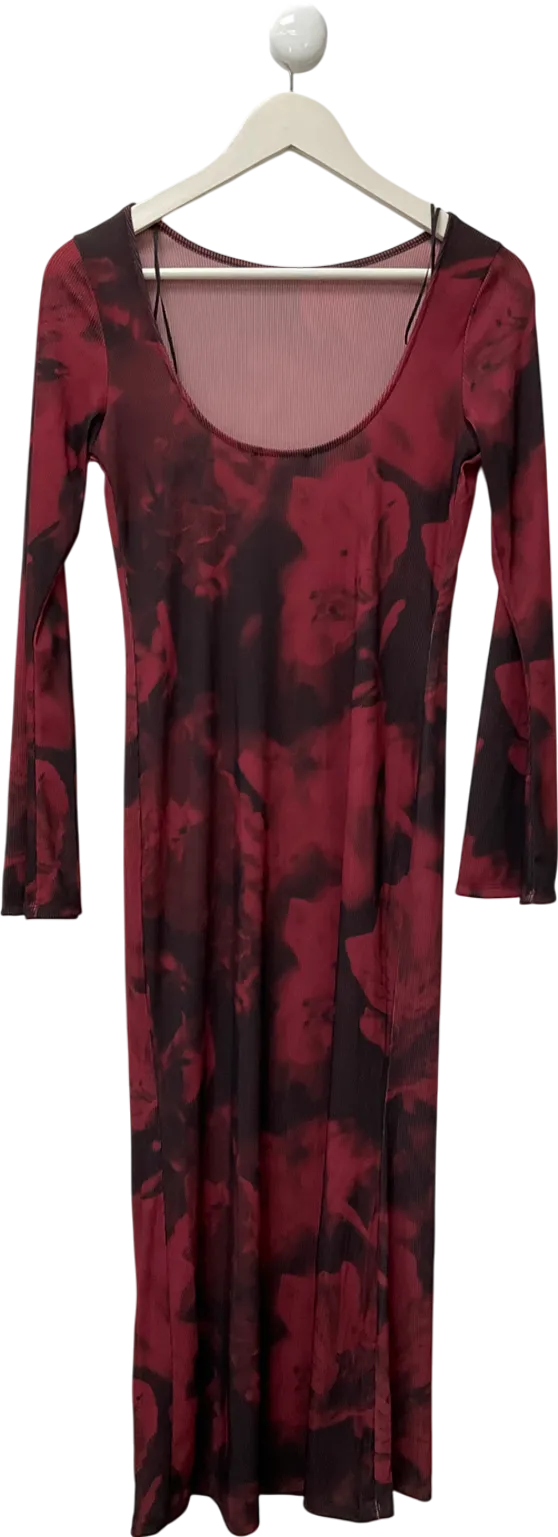 New Look Red Blurred Floral Mesh Long Sleeve Midi Dress UK 12