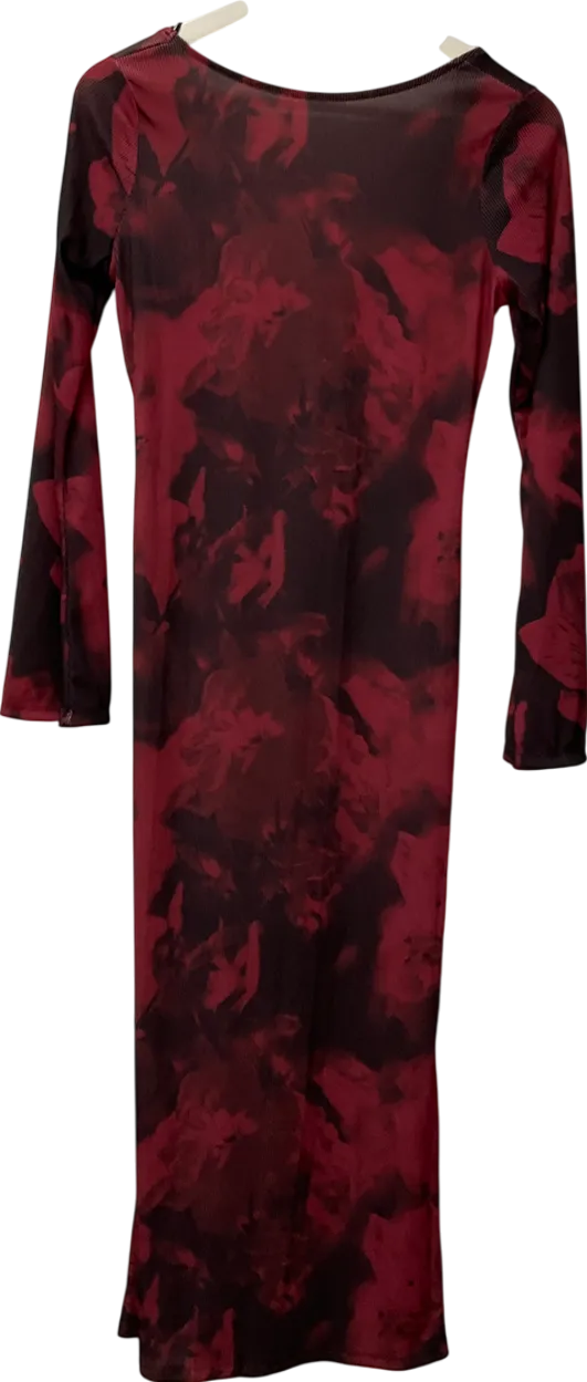 New Look Red Blurred Floral Mesh Long Sleeve Midi Dress UK 12