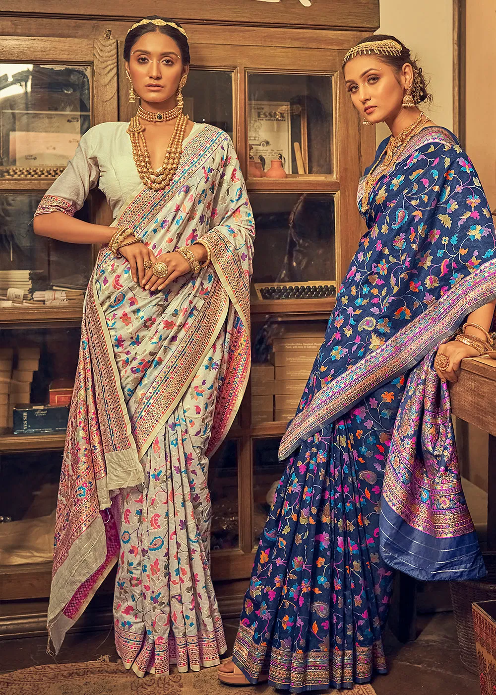 Rice White Kashmiri Weaving Silk Saree
