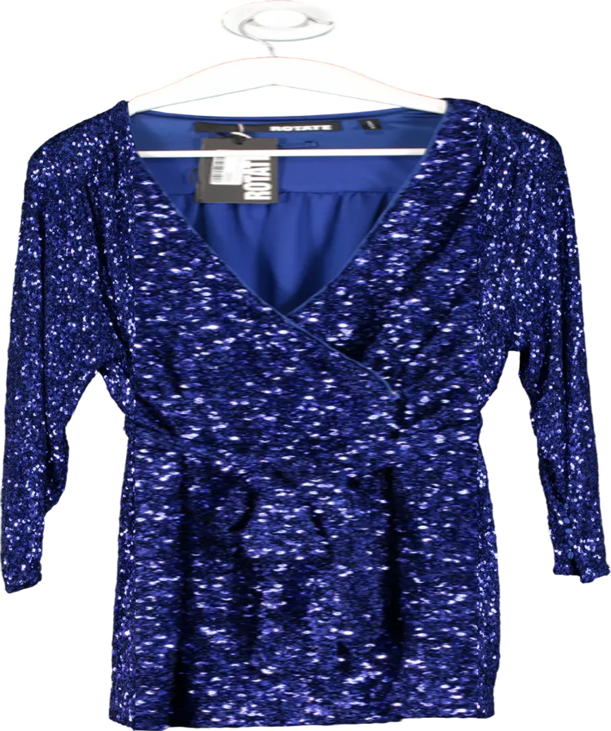Rotate Birger Christensen Blue Sequin Wide Shoulder Wrap Dress UK 10