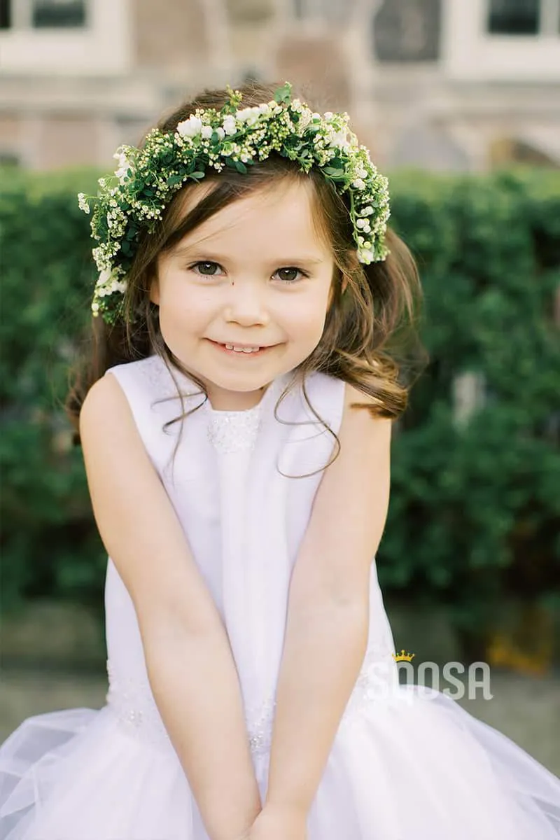 Round Neckline White Tulle A-Line Simple Flower Girl Dress QF0818