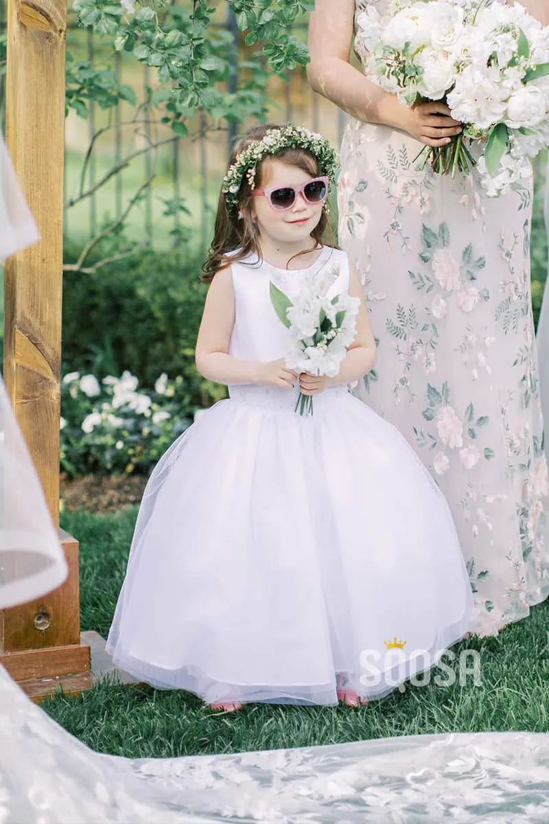 Round Neckline White Tulle A-Line Simple Flower Girl Dress QF0818
