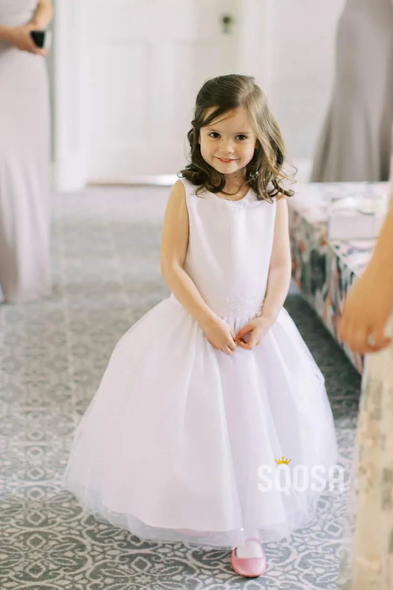 Round Neckline White Tulle A-Line Simple Flower Girl Dress QF0818