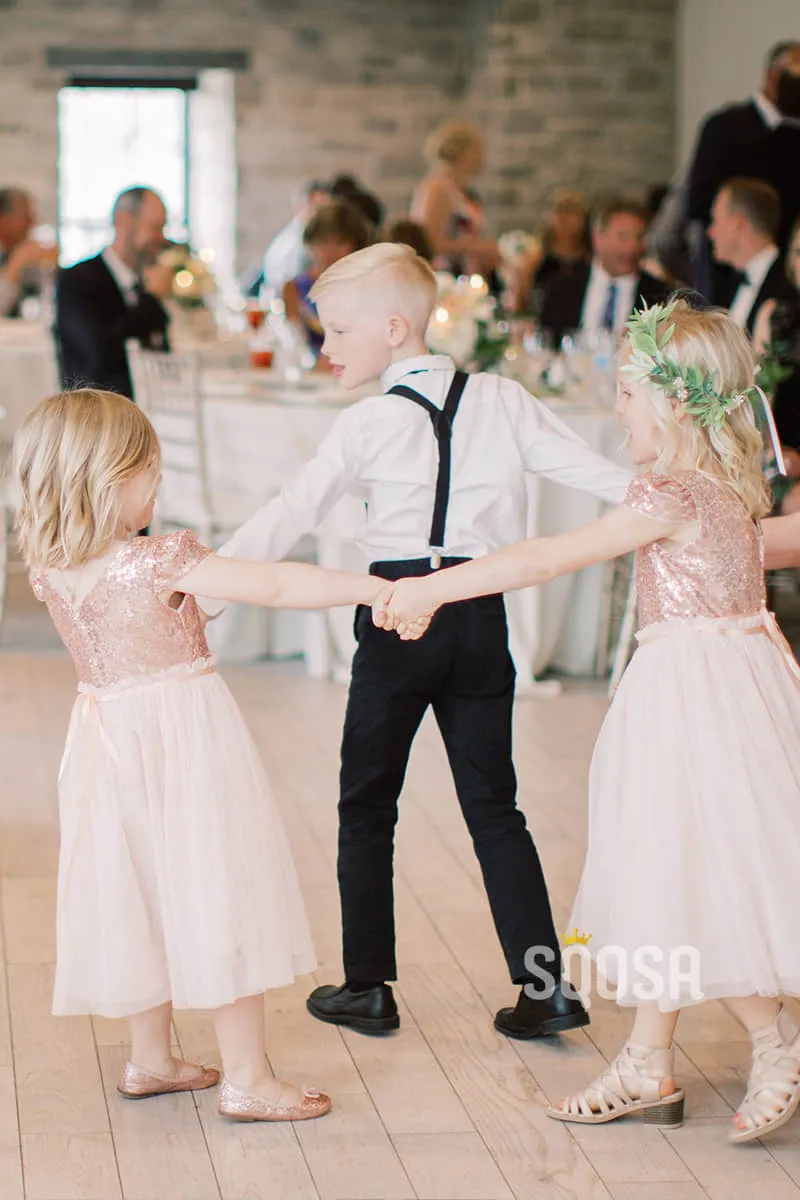 Scoop Gold Sequins Top Short Sleeves A-Line Chiffon Flower Girls Dress QF0819