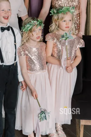 Scoop Gold Sequins Top Short Sleeves A-Line Chiffon Flower Girls Dress QF0819