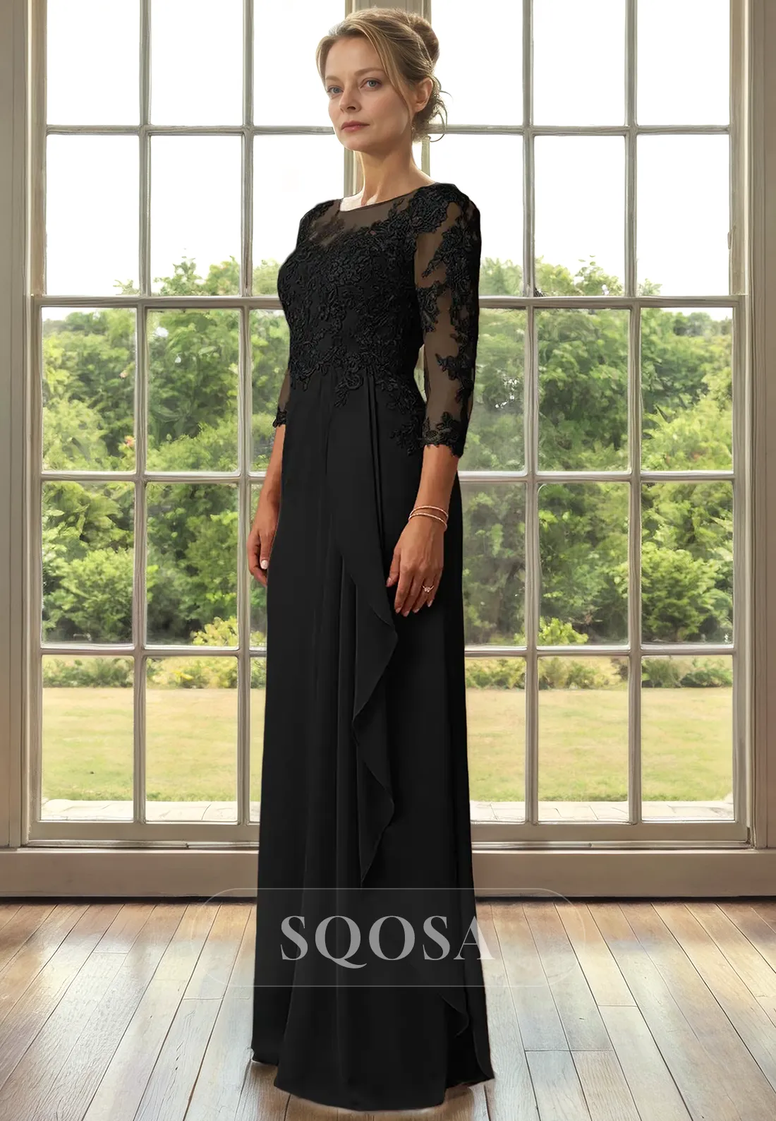 Sheath Bateau Chiffon Appliques 3/4 Sleeves Black Mother of the Bride Dress
