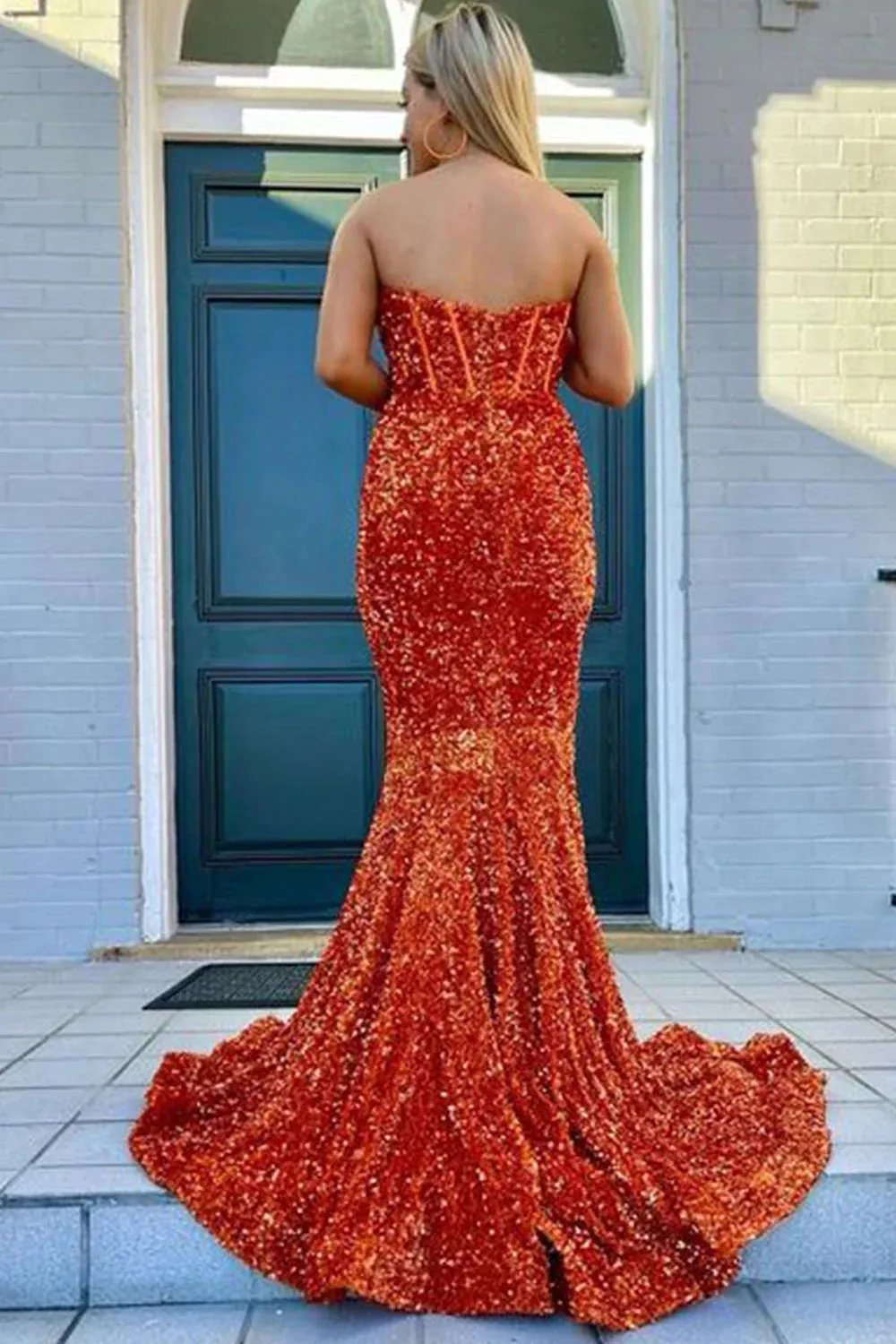 Sheath Sweetheart Blue Sequins Prom Dress with Split Front VK23092308